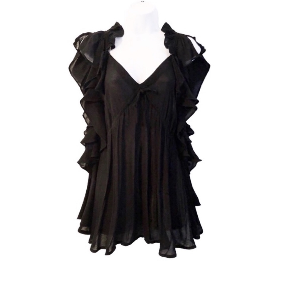 IRO Paris Viskie Black Ruffle Sleeve Blouse Top
